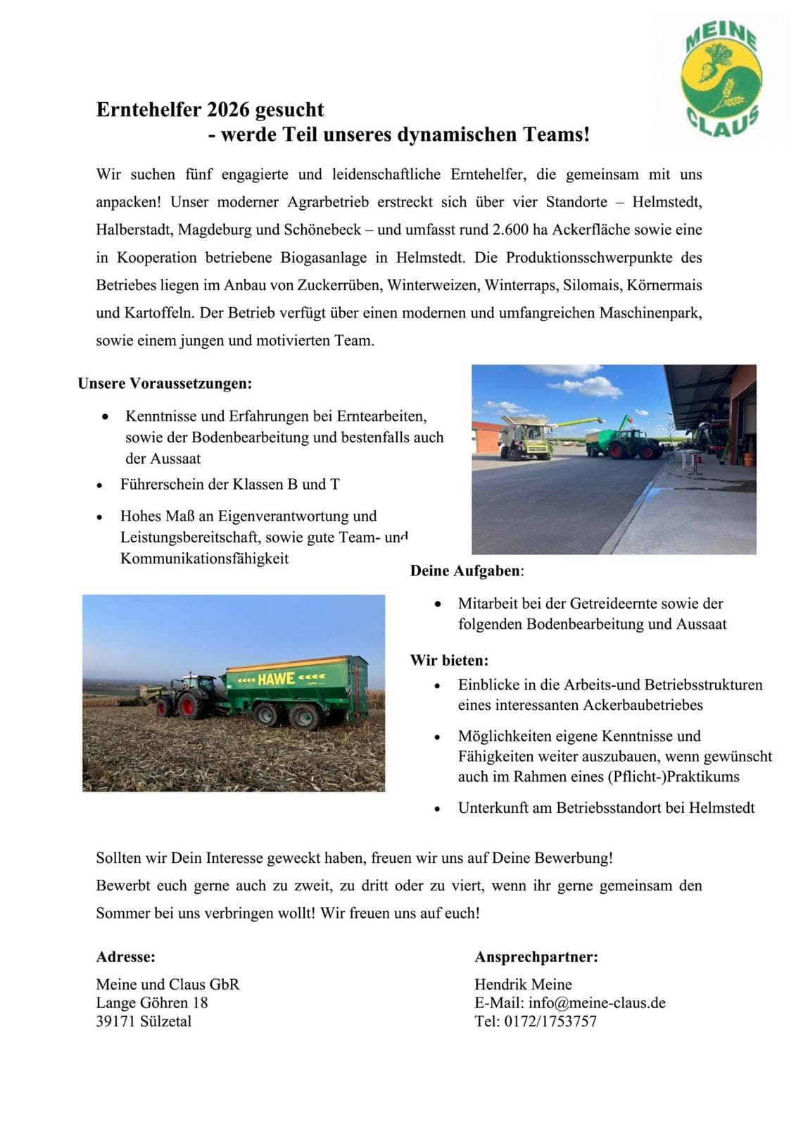 Erntehelfer 2026 gesucht
